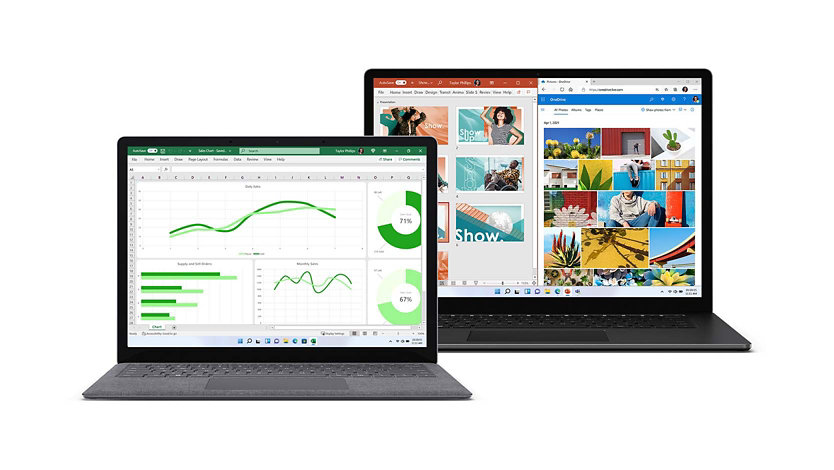 Surface Laptop Go in 2 dimensioni con fogli di calcolo, librerie di foto e ricette sugli schermi.