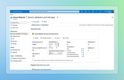 サーバー、データベース、Web アプリの Azure Migrate インターフェイスを表示しているコンピューターのスクリーンショット。