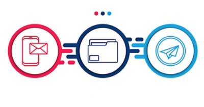 Un elemento grafico mostra tre icone collegate da linee all'interno di cerchi: uno smartphone con una busta, un raccoglitore e un aereo di carta 