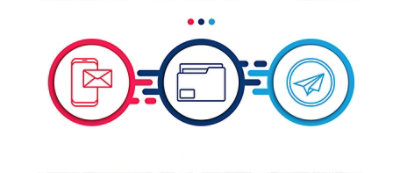A graphic showing three icons in circles: a smartphone with an envelope, a folder, and a paper airplane, connected by lines 