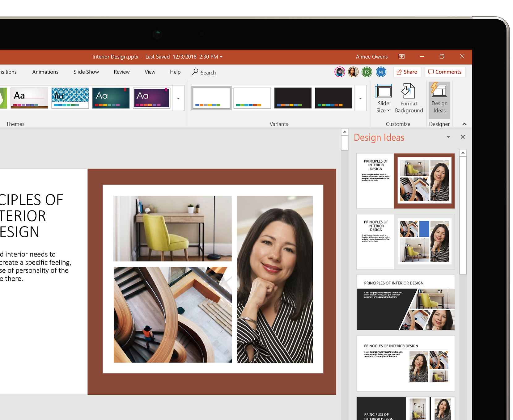 Device screen displaying a presentation open in PowerPoint with the Design menu visible