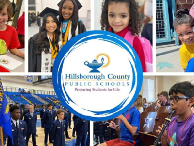 Collage of various school activities including students in a gymnasium and children eating lunch, with the Hillsborough County Public Schools logo in the center.