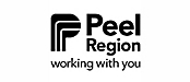 Logo của peel region, có chữ "p" được cách điệu bên cạnh dòng chữ "peel region working with you" bằng phông chữ đen trên nền trắng.