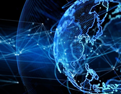 Digital representation of a globe with interconnected lines and data points , illustrating global connectivity and technology.