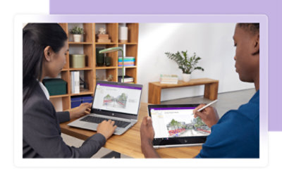 Dos personas usan un portátil y una tableta, y ambos muestran el dibujo digital de un puente.