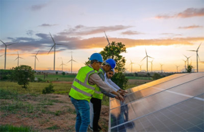 A group of people wearing safety vests and helmets standing next to a solar panel.