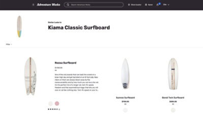 Список досок для серфинга Adventure Works с ценами: Kiama Classic, Noosa, Sunnox и Bondi Twin Surfboards
