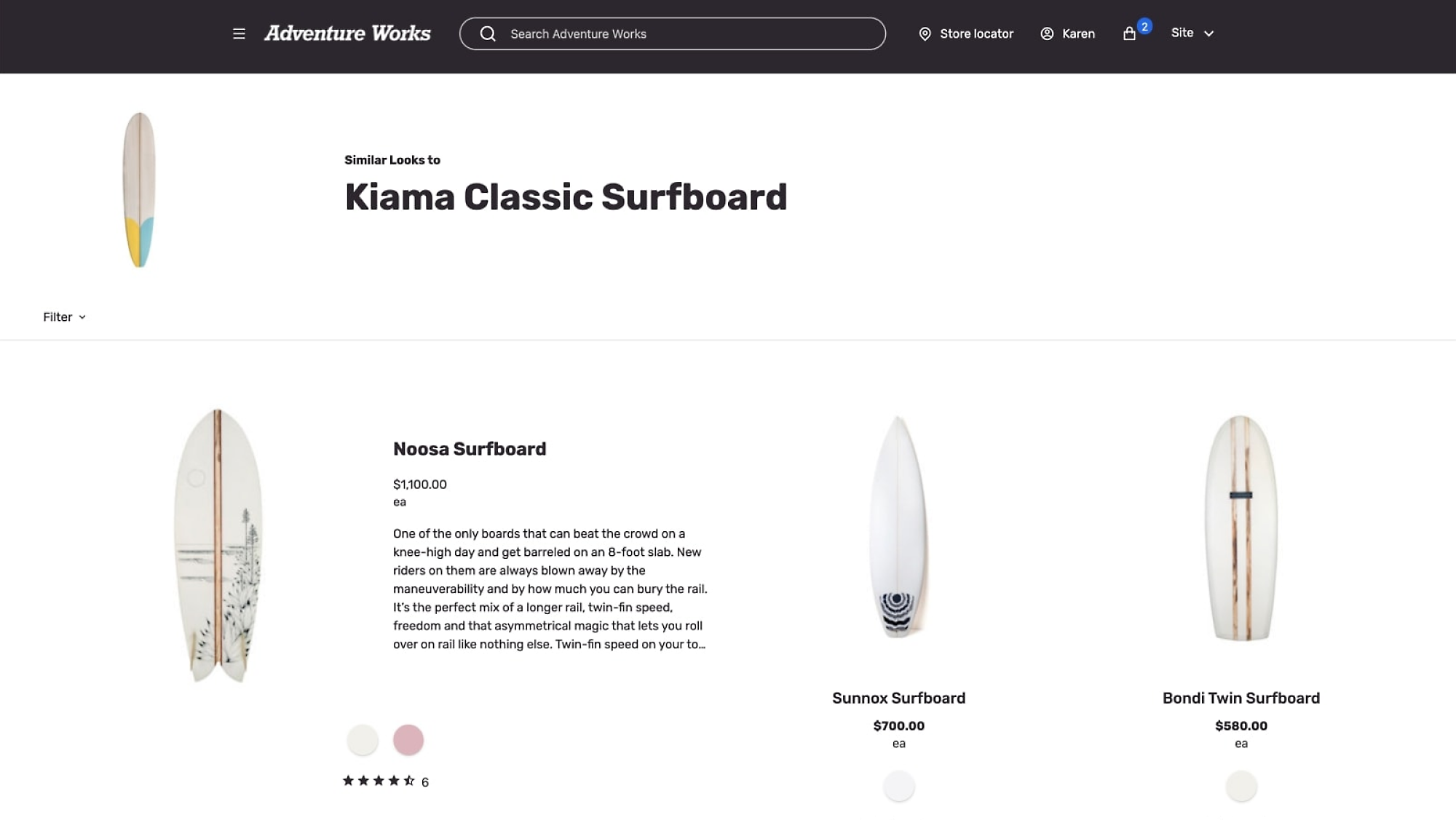Adventure Works surfboard listings with prices: Kiama Classic, Noosa, Sunnox, and Bondi Twin Surfboards