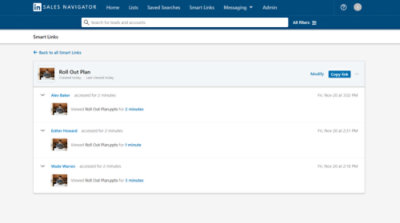 Screenshot of LinkedIn Sales Navigator showing a "Roll Out Plan" document with three users, Alex Baker, Esther Howard, and Wade Warren