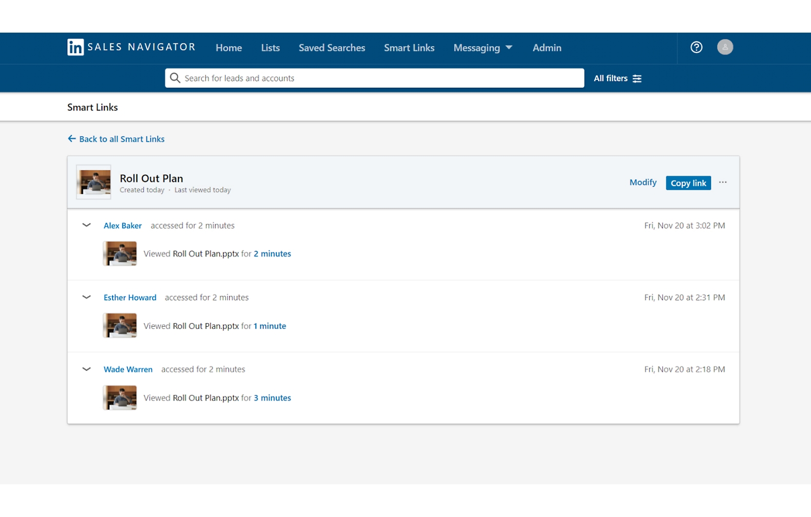 Screenshot of LinkedIn Sales Navigator showing a "Roll Out Plan" document with three users, Alex Baker, Esther Howard, and Wade Warren