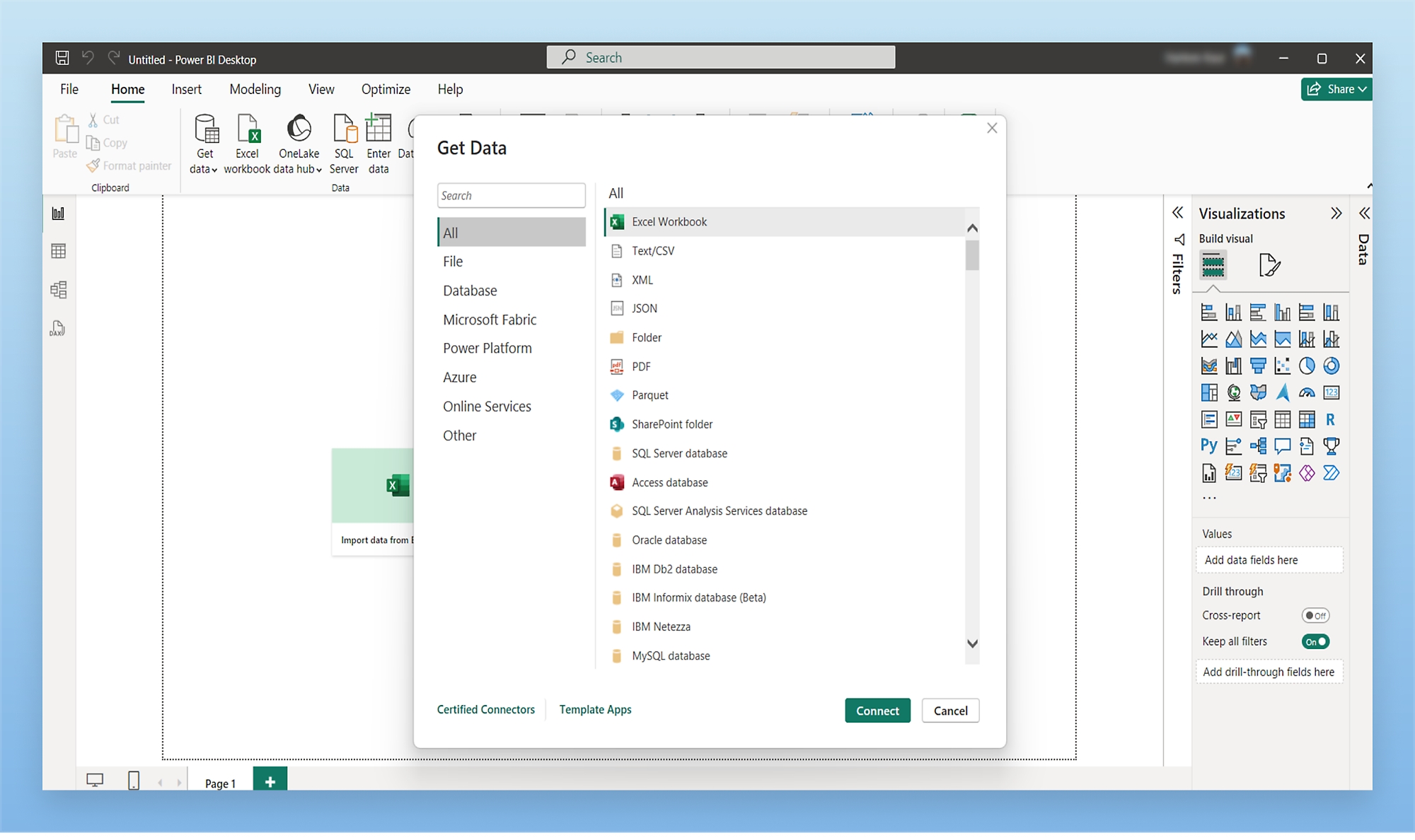 Screenshot of Power BI Desktop showing the "Get Data" interface with various data source options listed.
