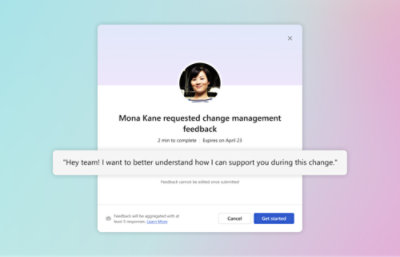 Palautepyyntö: Mona Kane pyytää muutoksenhallinnan palautetta, suoritusaika 2 min