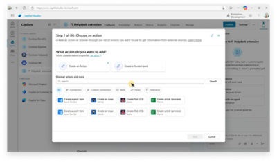 Environnement, développement, publier, paramètres, support technique, Copilot Studio, configurer, connaissances, actions, historique, analytique