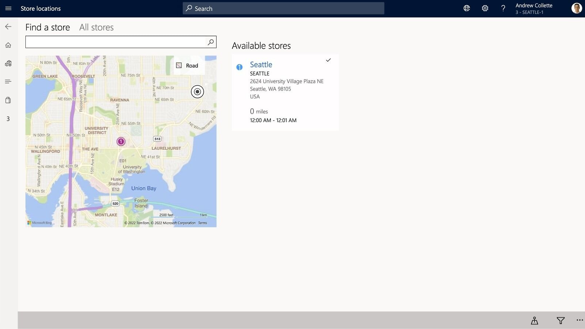 Store locations search showing Seattle store at 2624 University Village Plaza NE, Seattle, WA