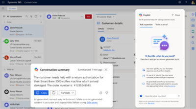 A customer service dashboard with a conversation summary. A Copilot AI chat window is open on the right side of the screen.