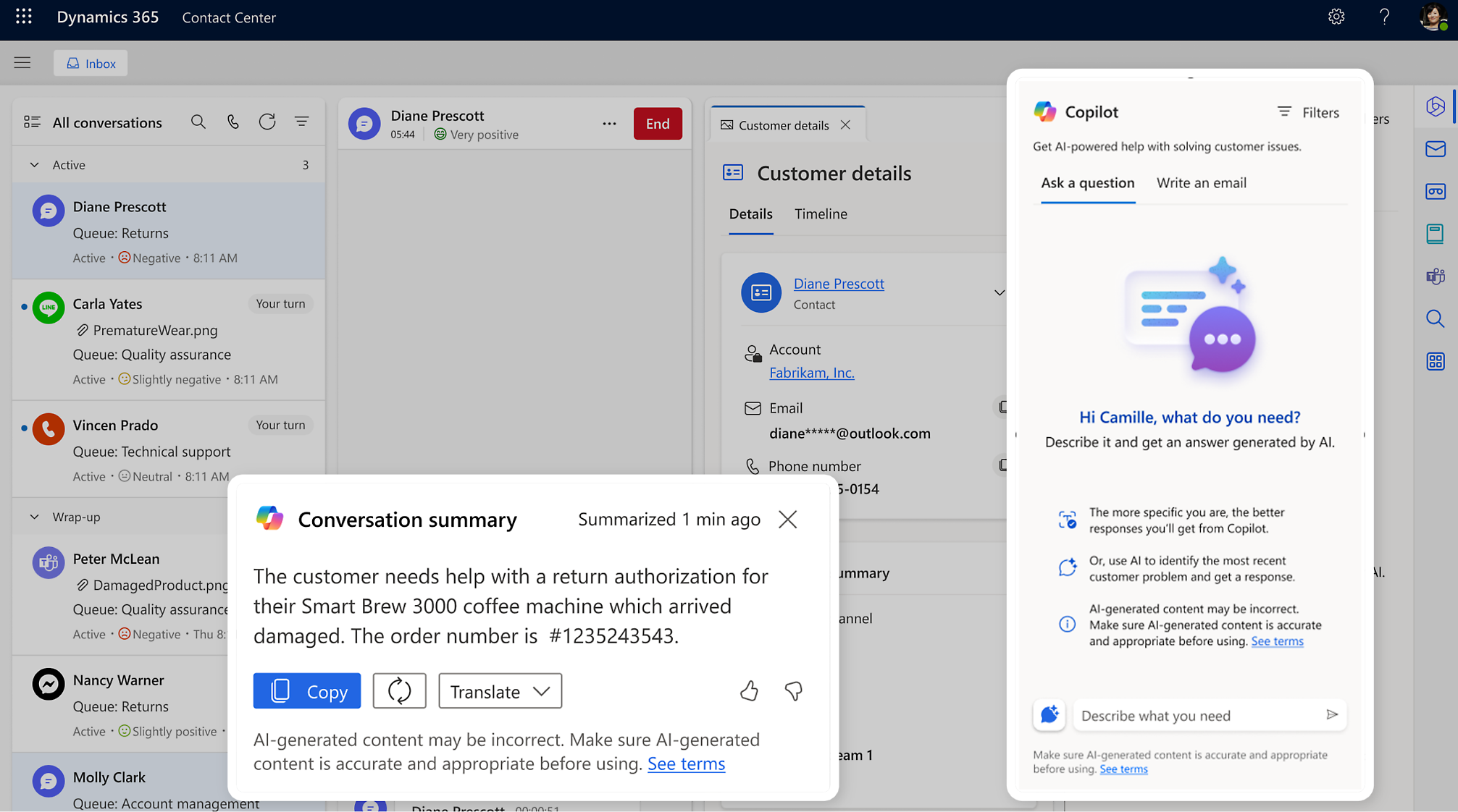 A customer service dashboard with a conversation summary. A Copilot AI chat window is open on the right side of the screen.
