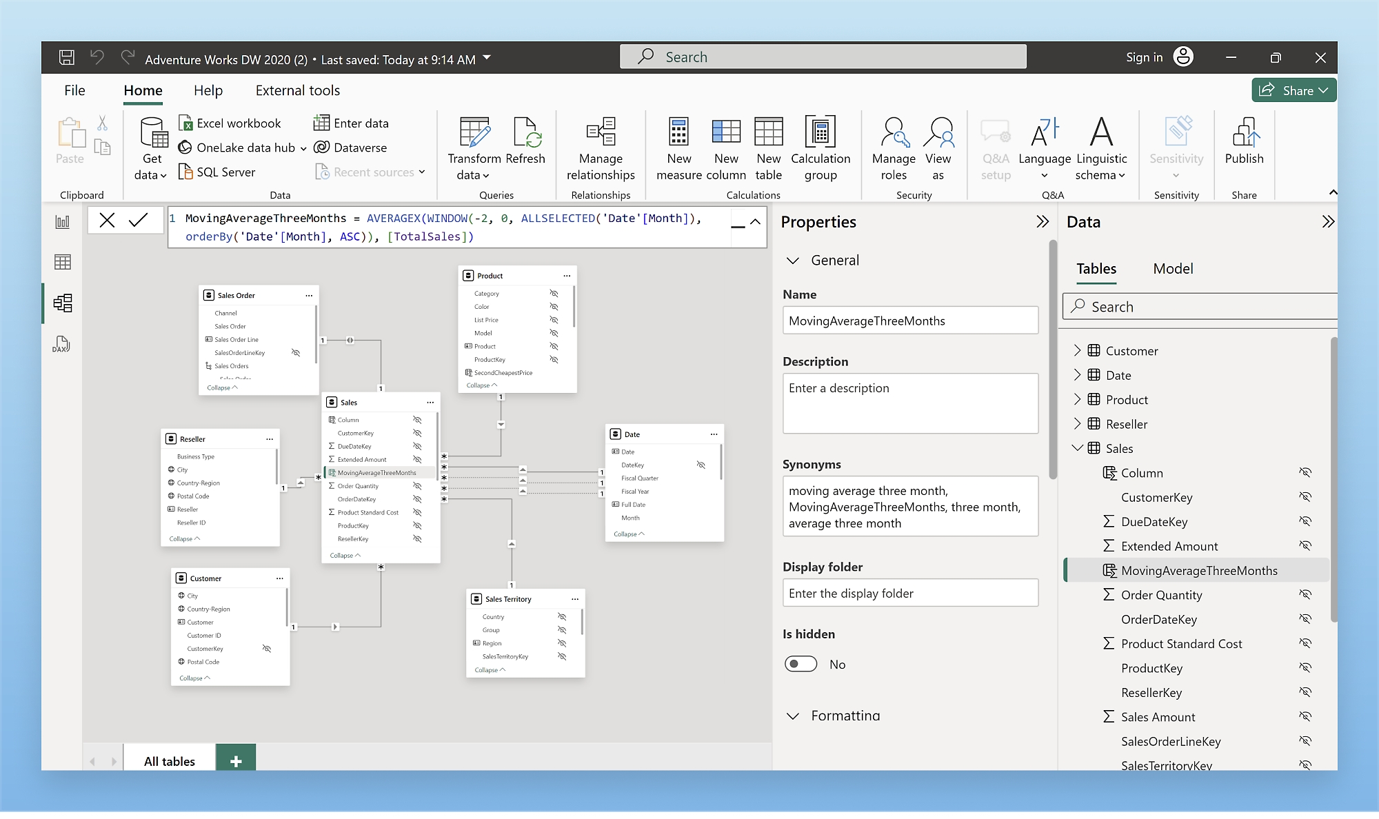Screenshot of a data model interface in Power BI Desktop. Several tables are connected by relationships.