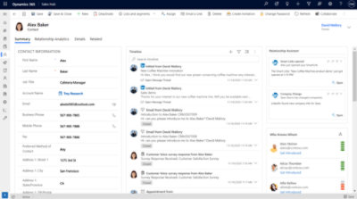 Screenshot of a Microsoft Dynamics 365 interface displaying contact details, email interactions, and a task timeline for a person named Alex Baker