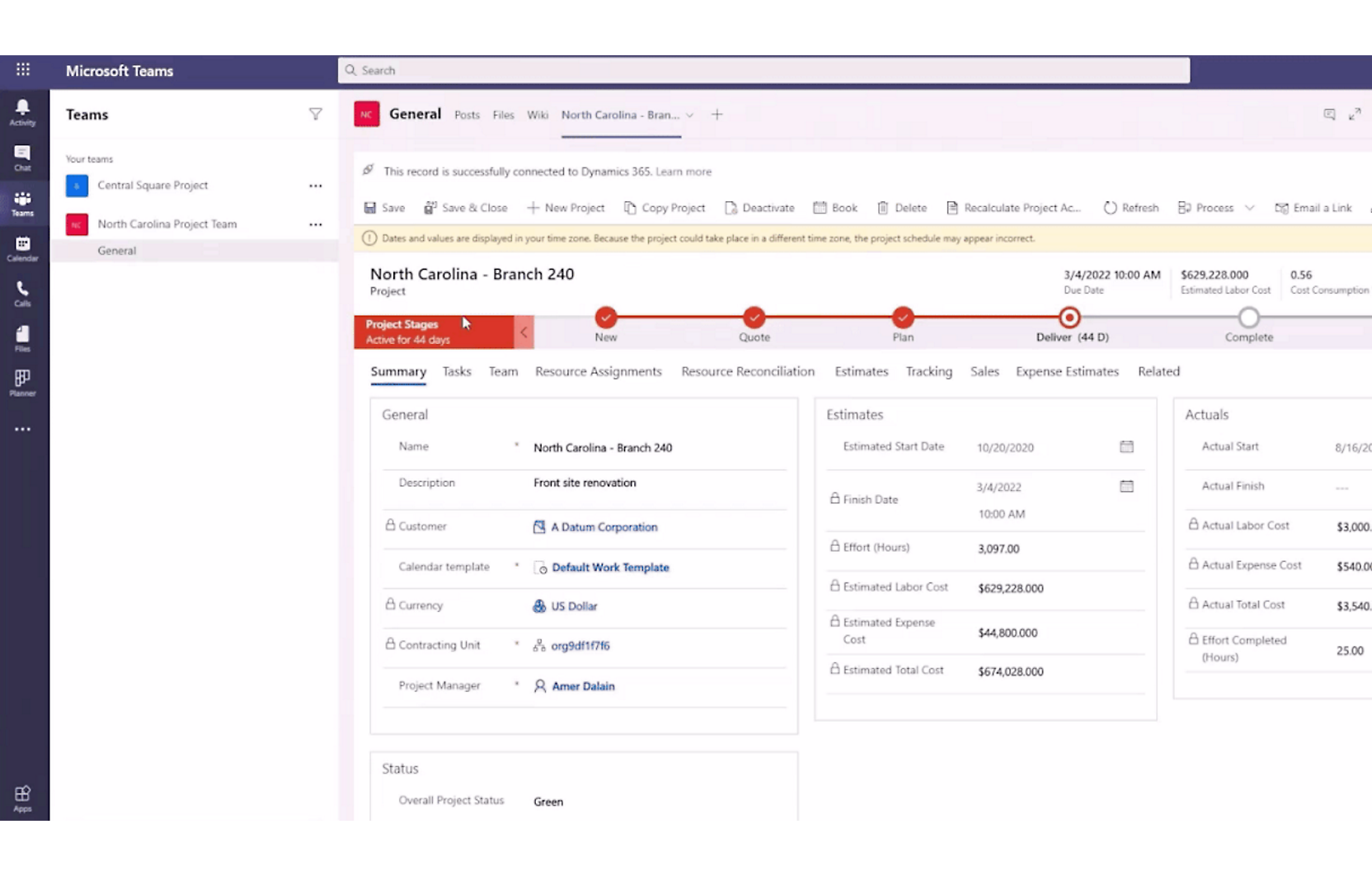 A screenshot of microsoft teams displaying the project north star - branch 20 tab with various project management details