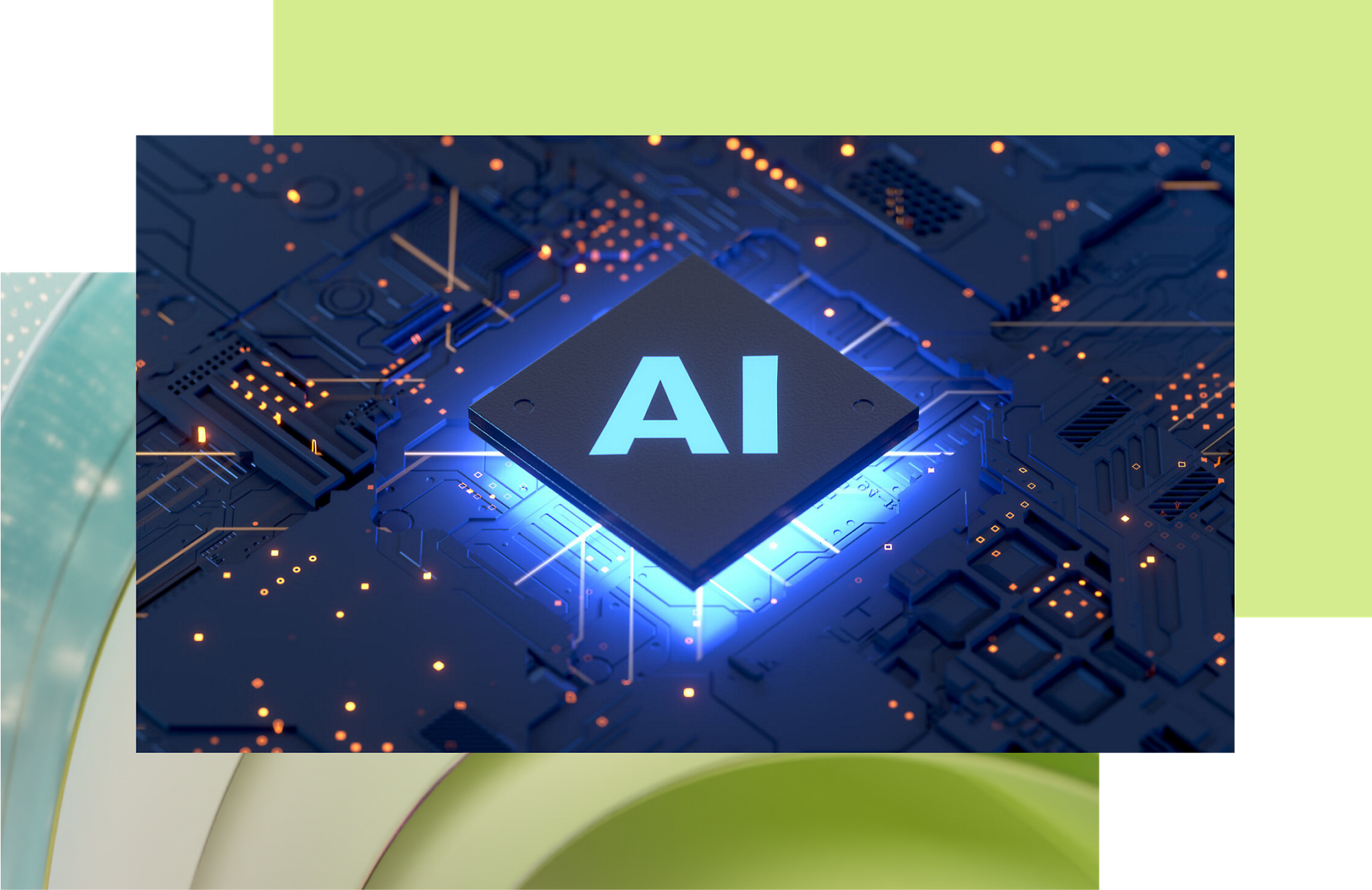 Un chip informático con la etiqueta "ai" iluminado con luces azules, rodeado de circuitos sobre un fondo oscuro.