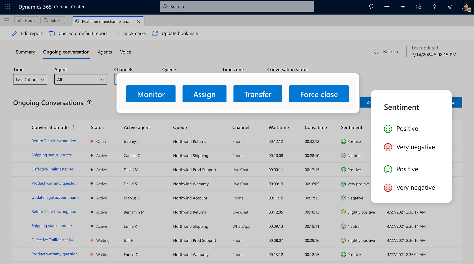 Dynamics 365 Contact Center showing ongoing conversations and buttons: Monitor, Assign, Transfer, and Force Close