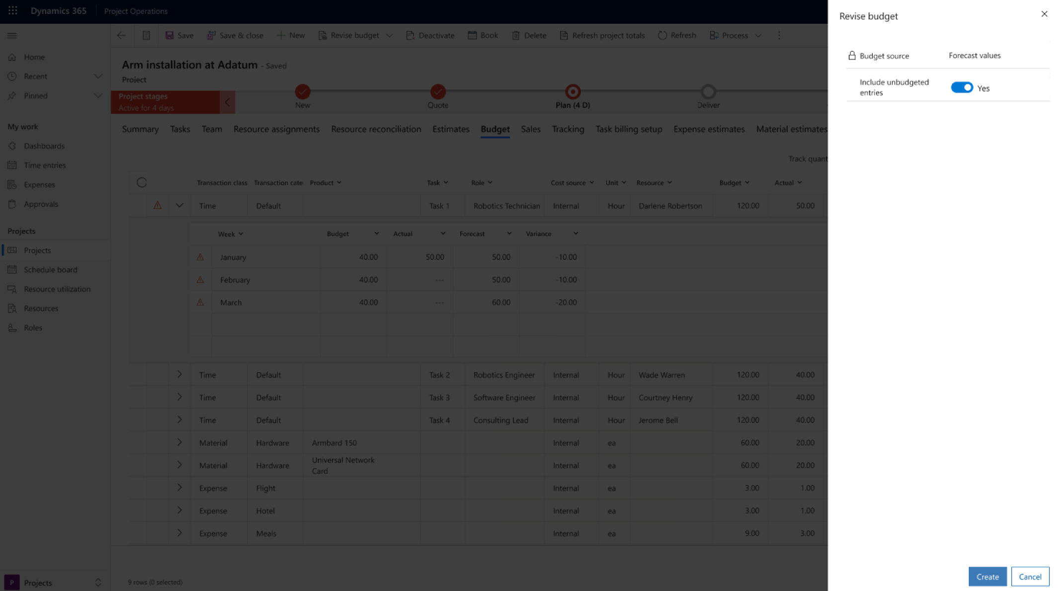 Capture d’écran d’une interface de révision du budget dans Microsoft Dynamics 365 avec un focus sur les opérations de projet