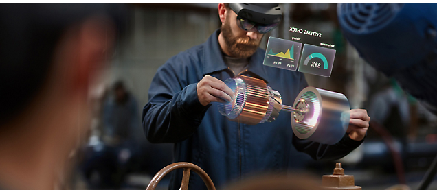 Homem usando a interface de realidade aumentada enquanto trabalha em uma peça mecânica.