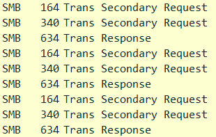SMB 164 Trans Secondary Request
SMB 340 Trans Secondary Request
SMB 634 Trans Response
SMB 164 Trans Secondary Request
SMB 340 Trans Secondary Request
SMB 634 Trans Response
SMB 164 Trans Secondary Request
SMB 340 Trans Secondary Request
SMB 634 Trans Response