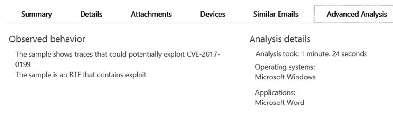 図 1. 添付ファイルをブロックした理由が Office 365 ATP コンソールに表示されている様子