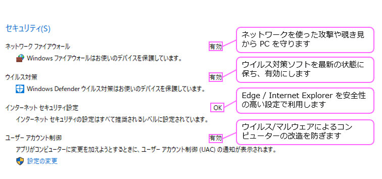 Windows 10 のセキュリティとメンテナンス画面