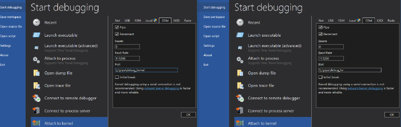 two elevated WinDbg instances