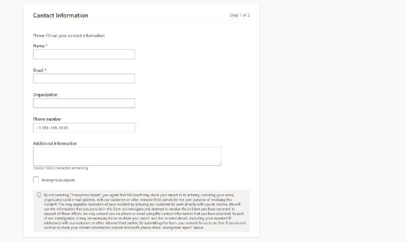 The Contact Information section of the report.