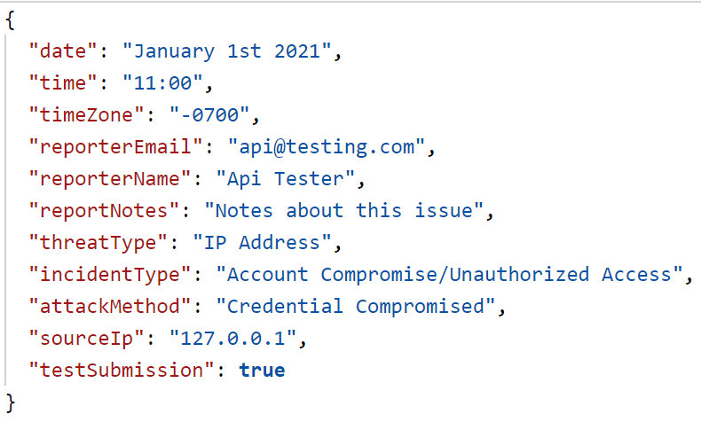 An API example resulting in an unsuccessful response due to an incorrectly formatted value.