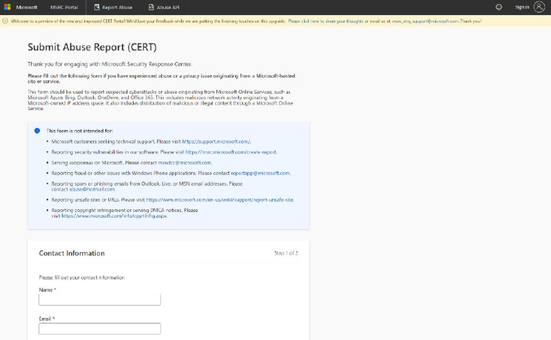 The first view that a reporter is presented with of the new Report Abuse Portal.