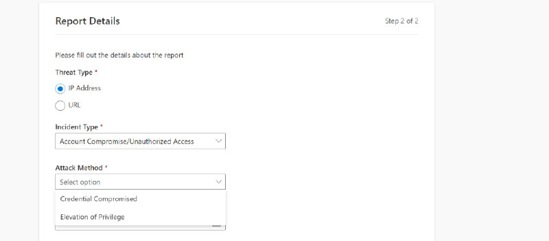 The new Attack Method drop down allowing a reporter to provide the sub-context of the report.