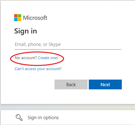 no account , Create one を赤丸で囲う 
