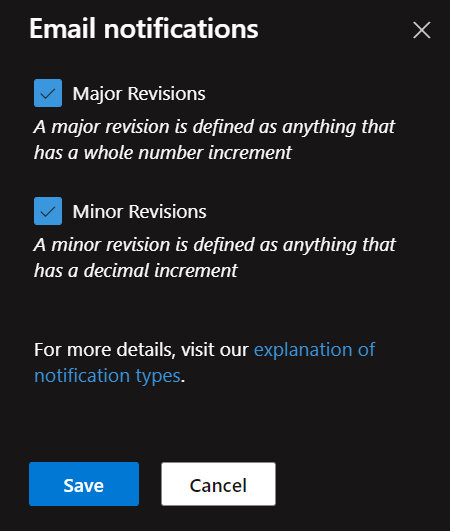 Email notifications with major revisions and minor revisions checked marked