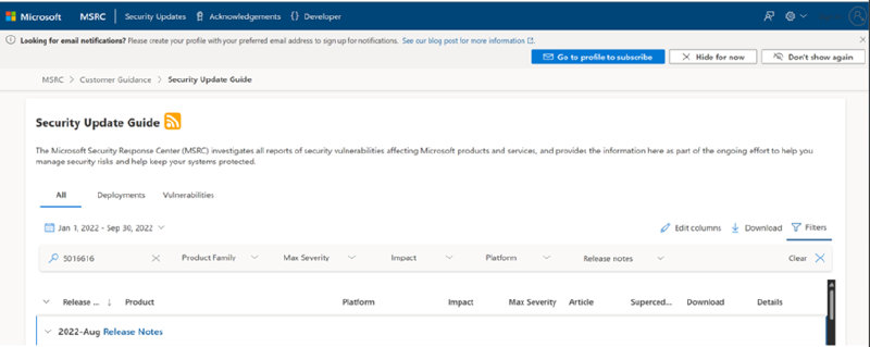 Security Update Guide Dashboard