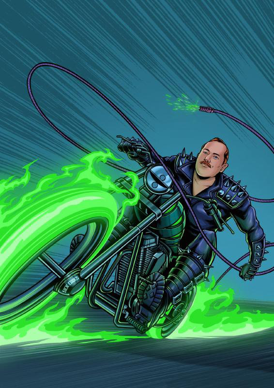 Sick Codes illustration of him on a motorcycle