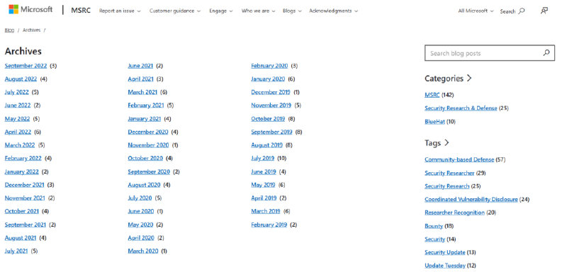 Taxonomy list page of the new MSRC Blog website