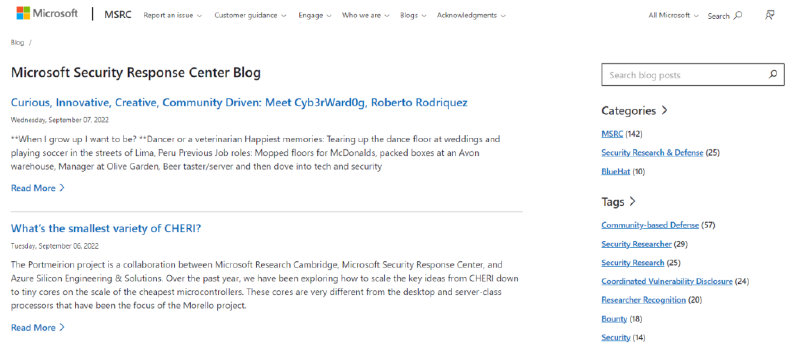 Home page of the new MSRC blog website.