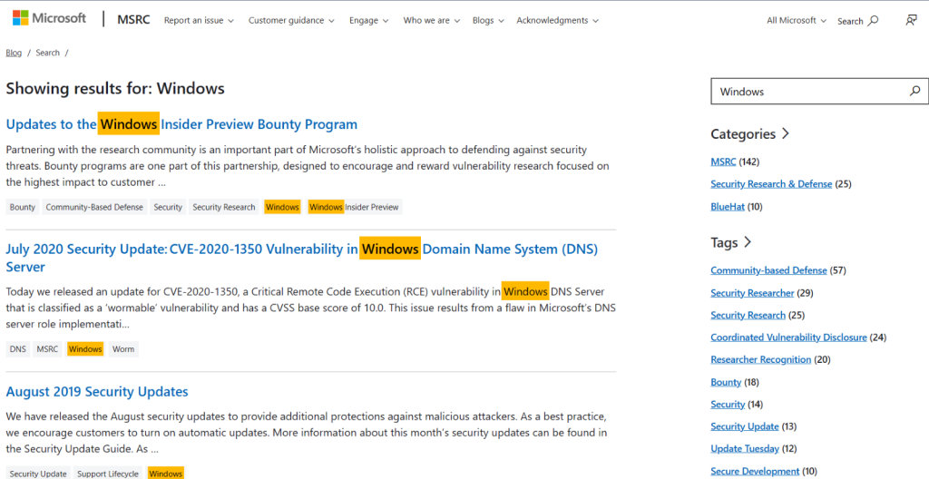 Search results page of the new MSRC Blog.