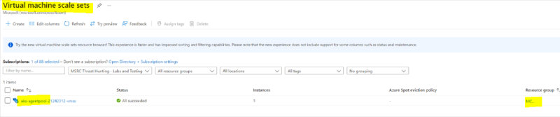 Screenshot of the Azure Portal showing the contents of the managed resource group used by AKS, including the virtual machine scale set corresponding to your agent pool, in this case named aks-agentpool-21242312-vmss.