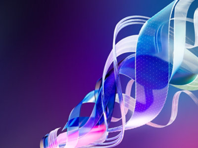 Colorful ribbons in blue, purple, and pink twist together on a soft background, making a smooth and pretty design.