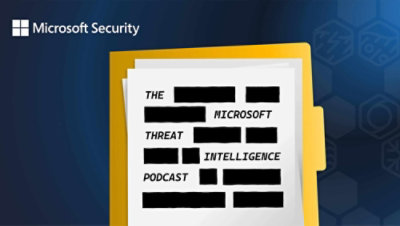 A yellow folder with the text Microsoft Security The Microsoft Threat Intelligence Podcast placed against a blue background.