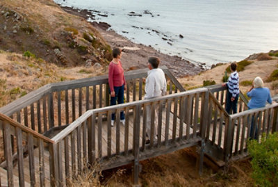 A person and another person standing on a wooden deck overlooking a body of water