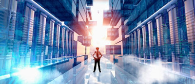 Una persona in bicicletta in un paesaggio urbano futuristico con edifici blu e strutture mobili