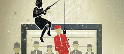 איור מופשט של אדם משתמשים בחכה כדי ללכוד אדם אחר שלובש חליפה אדומה וחושב כובע. 