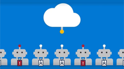 A group of robots with a cloud in the background.
