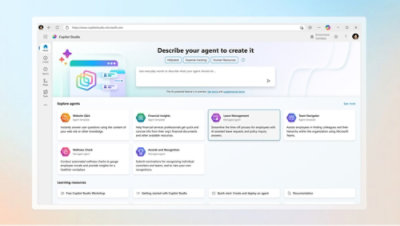 Captură de ecran a interfeței Copilot Studio. Funcțiile includ șabloane pentru vreme, operațiuni de pentru magazine, întrebări și răspunsuri pe site-uri web și multe altele, cu resurse de învățare mai jos.